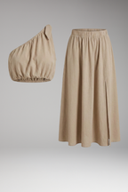 Women’s Top and Midi Skirt with One Shoulder and Elastic Waist