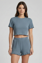 Women’s Top and Shorts Set with Round Neck and Ruffle Hem