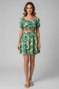 Women’s Top and Skirt Set with Square Neck and Elastic Waist