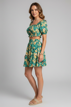 Women’s Top and Skirt Set with Square Neck and Elastic Waist