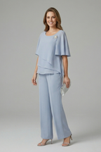 Women’s Top and Trousers Set with Layered Top and Straight Legs