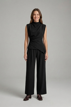 Women’s Top and Trousers Set with Round Neck and Straight Legs