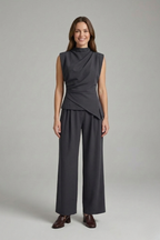 Women’s Top and Trousers Set with Round Neck and Straight Legs