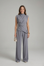 Women’s Top and Trousers Set with Round Neck and Straight Legs