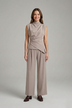 Women’s Top and Trousers Set with Round Neck and Straight Legs