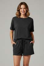 Women’s Two-Piece Set with Batwing Top and Drawstring Shorts