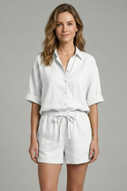 Women’s Two-Piece Set with Button Fastening and Drawstring Shorts