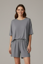 Women’s Two-Piece Set with Crew Neck Top and Loose Shorts