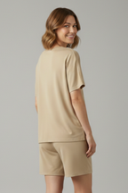 Women’s Two-Piece Set with Round Neck Top and Elastic Waist Shorts