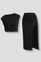 Women’s Two Piece Set with Asymmetric Top and Midi Skirt