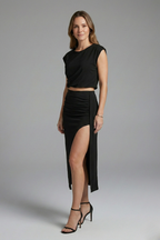 Women’s Two Piece Set with Asymmetric Top and Midi Skirt