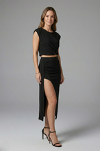 Women’s Two Piece Set with Asymmetric Top and Midi Skirt