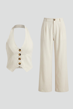 Women’s Two Piece Set with Button Top and Wide Leg Trousers