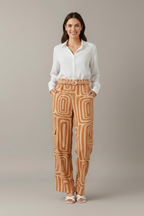 Women’s Two Piece Set with Collared Blouse and Printed Trousers