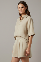 Women’s Two Piece Set with Collared Shirt and Shorts
