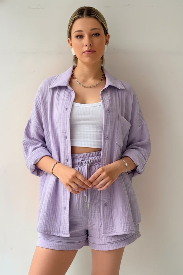 Women’s Two Piece Set with Oversized Blouse and Muslin Shorts