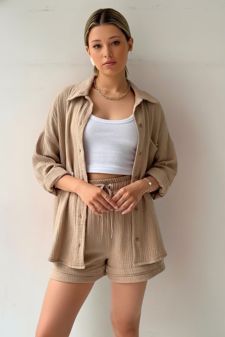 Women’s Two Piece Set with Oversized Blouse and Muslin Shorts