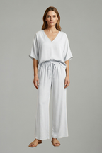 Women’s Two Piece Trousers Set with V Neck and Wide Leg