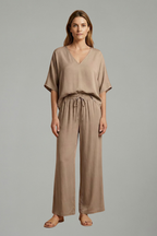 Women’s Two Piece Trousers Set with V Neck and Wide Leg