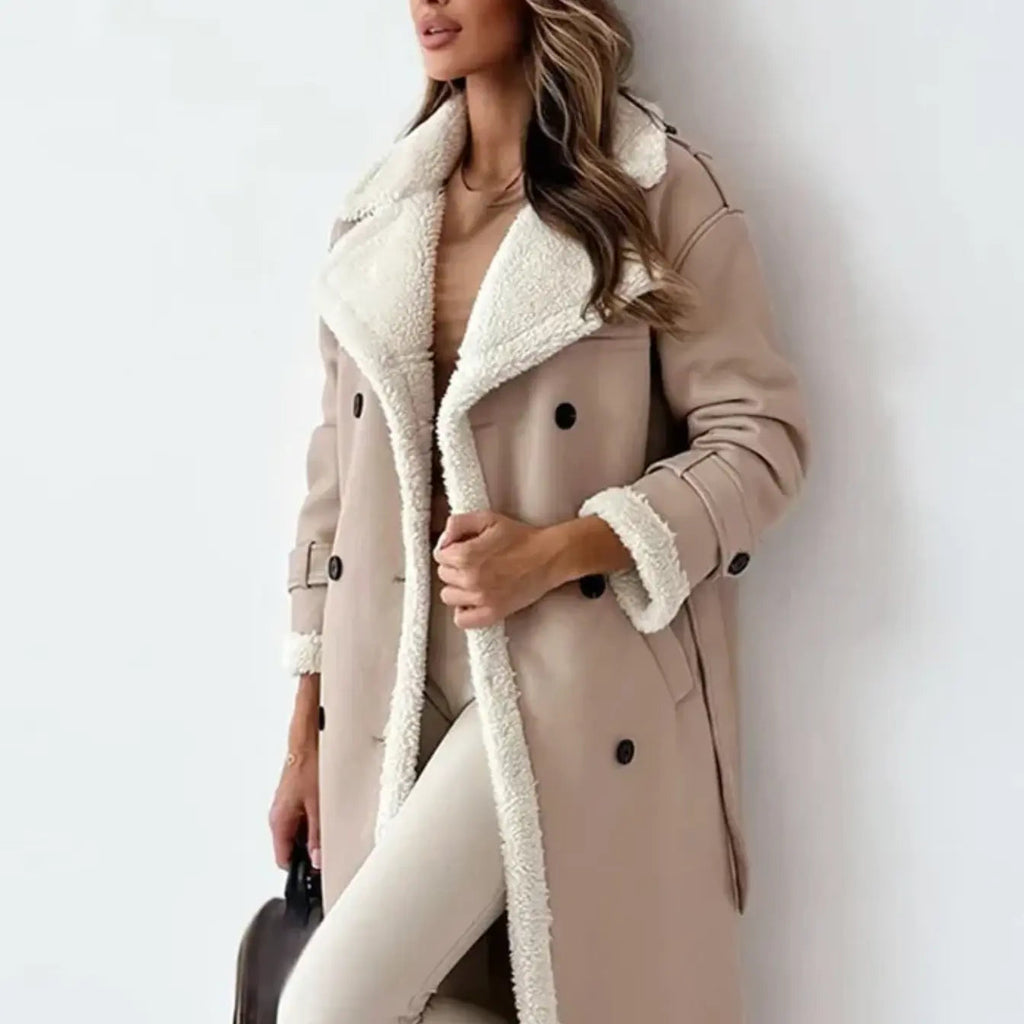 Elegant Kvinde Frakke Lang med Faux Pels Krave i Sort og Beige — Image 3