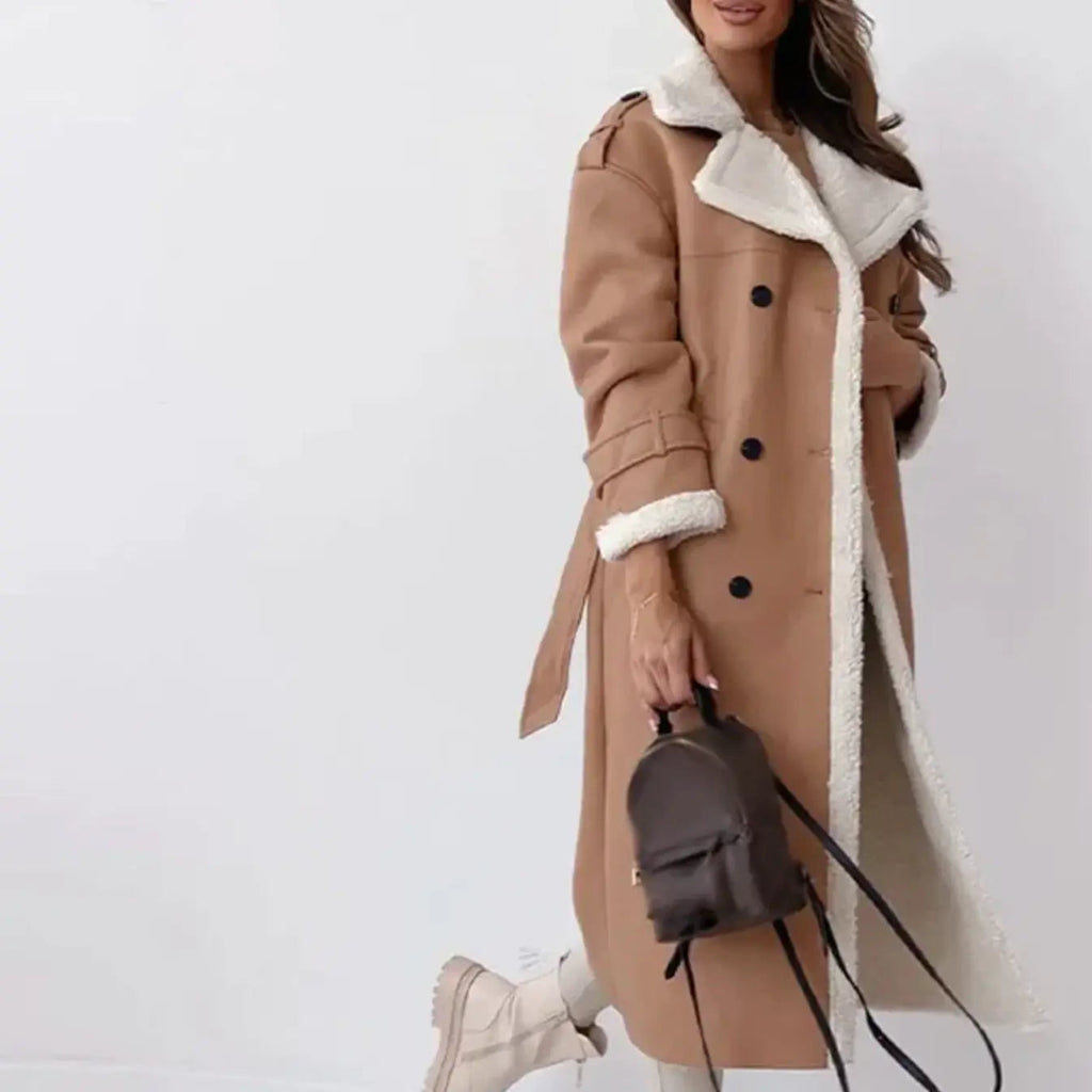 Elegant Kvinde Frakke Lang med Faux Pels Krave i Sort og Beige — Image 2