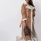 Elegant Kvinde Frakke Lang med Faux Pels Krave i Sort og Beige — Image 2