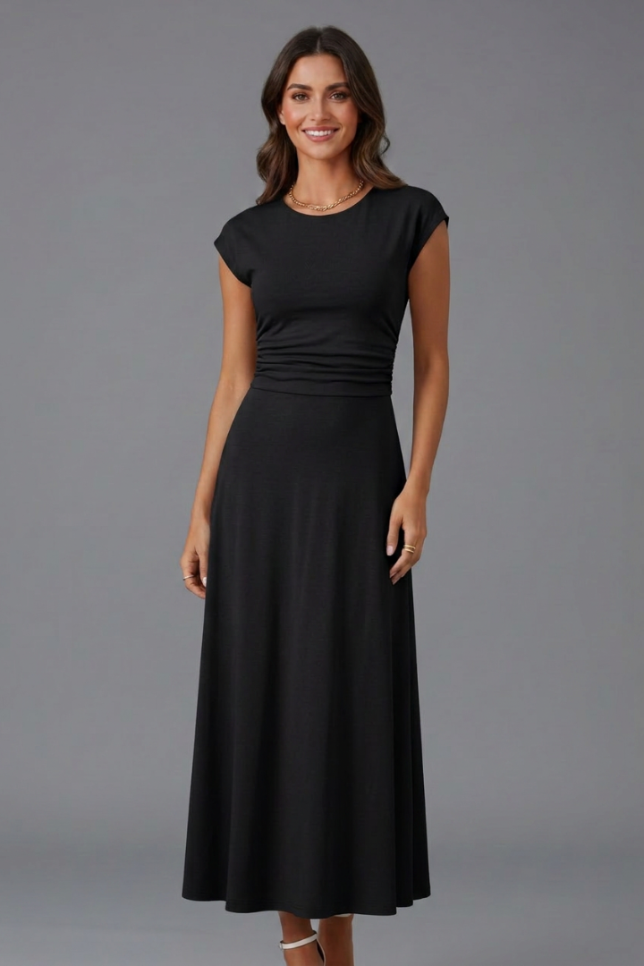 Women’s midi dress with high waist and cap sleeves