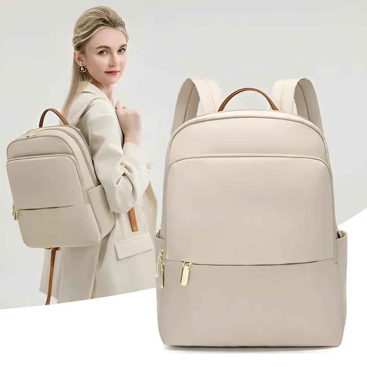 Elegant Kvinders Rygsæk Vandafvisende Nylon Laptop Taske Beige — Main Image