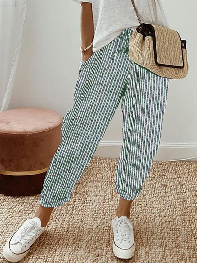Løse Hørbukser Kvinder Beige Elastisk Talje Sommer — Image 20