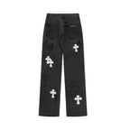 Stilfulde Herre Broderede Jeans Sort Denim Kryds Applikationer — Image 8