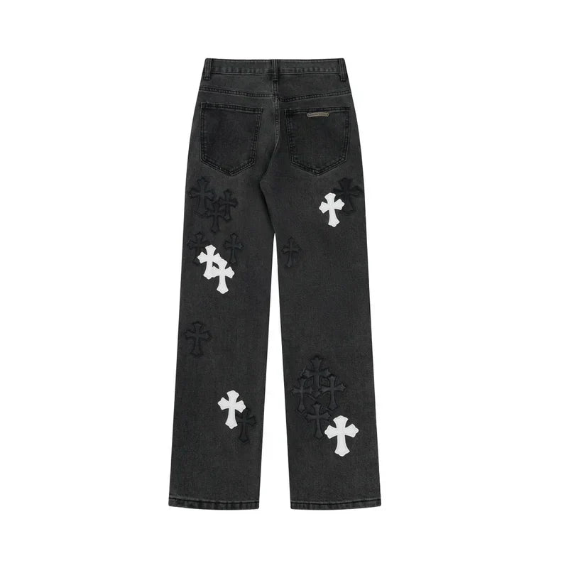 Stilfulde Herre Broderede Jeans Sort Denim Kryds Applikationer — Image 8