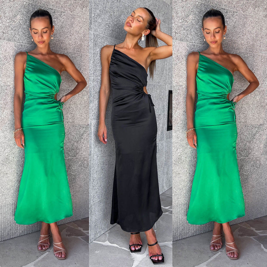 Elegant asymmetrisk festkjole i grøn og sort — Main Image