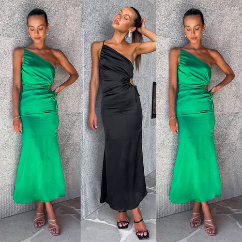 Elegant asymmetrisk festkjole i grøn og sort — Main Image