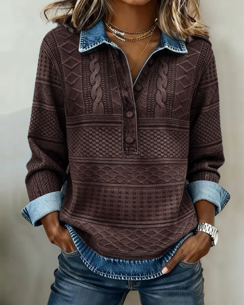 Langærmet strikket bluse med denimkrave og knapper i blå bomuldsblanding til damer — Image 7