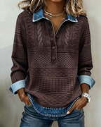 Langærmet strikket bluse med denimkrave og knapper i blå bomuldsblanding til damer — Image 7