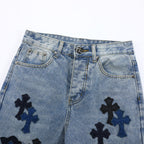 Unisex Denim Jeans med Krydsbroderi i Blå og Sort Bomuld — Image 23