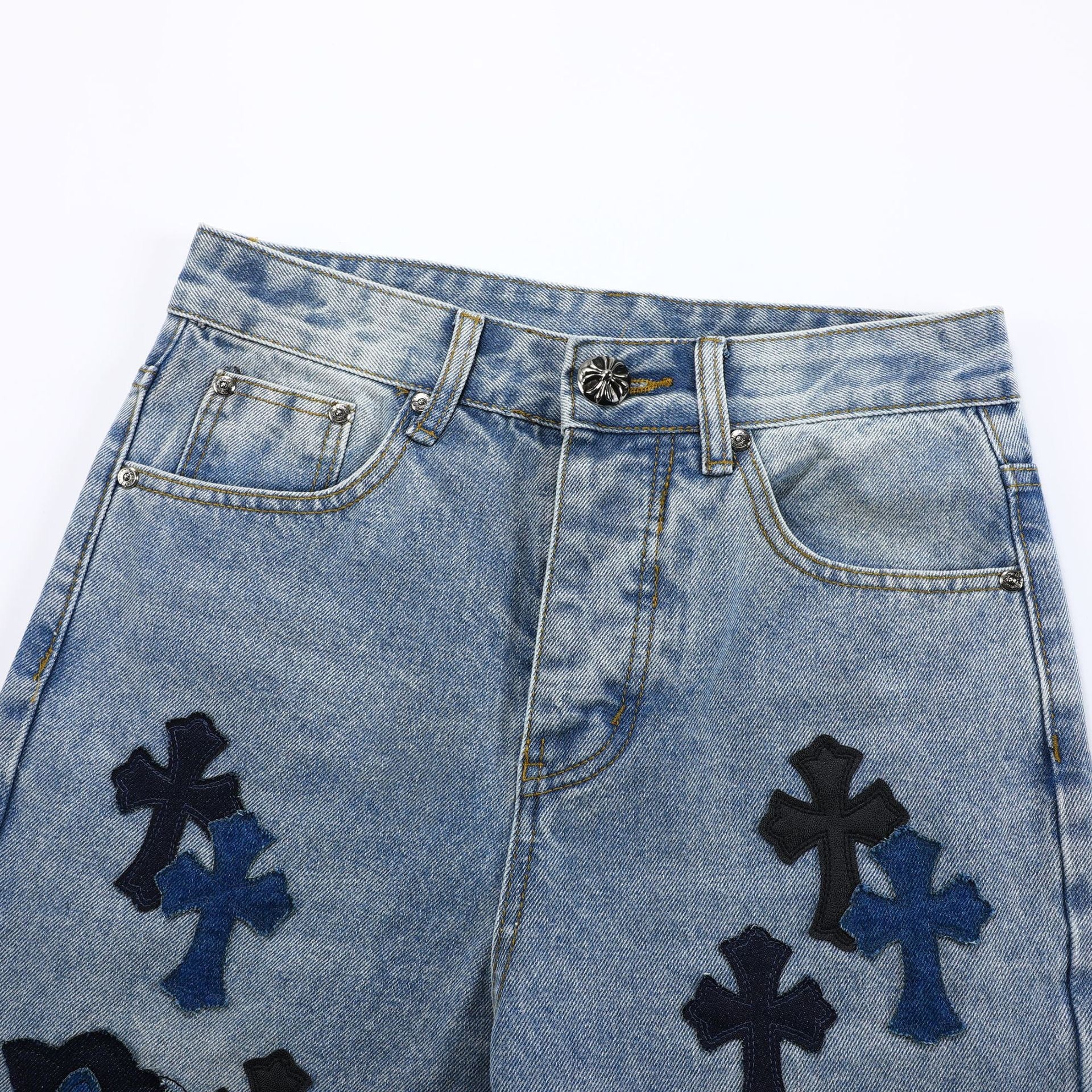 Unisex Denim Jeans med Krydsbroderi i Blå og Sort Bomuld — Image 23