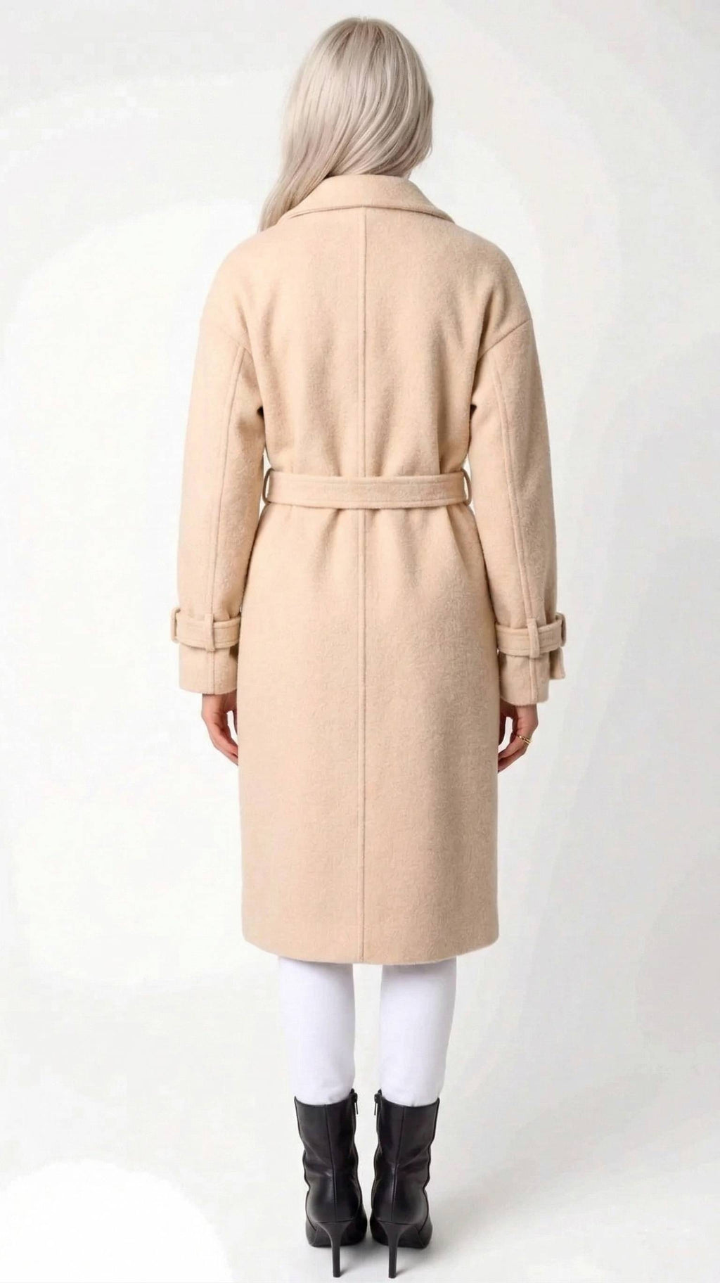 Elegant Beige Frakke med Bælte til Kvinder - Uldblanding, Medium