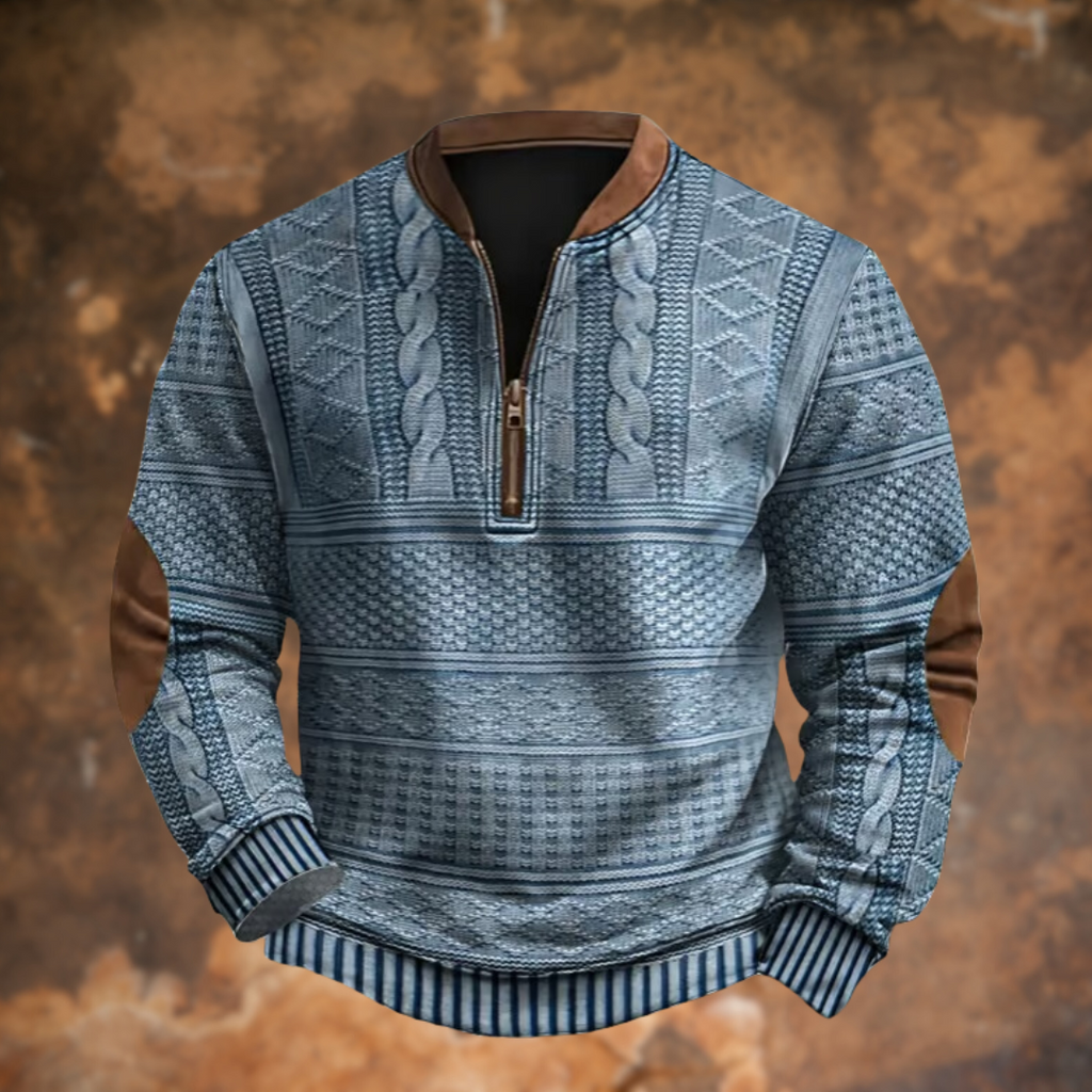 Herre Sweater med Lynlås og Albuelapper, Bomuldsblanding, Casual Strik Trøje — Main Image