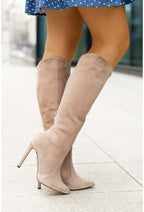 Dame Knæhøje Støvler Læder Ruskind Høj Hæl Elegant Mode Sort Brun Beige — Image 7