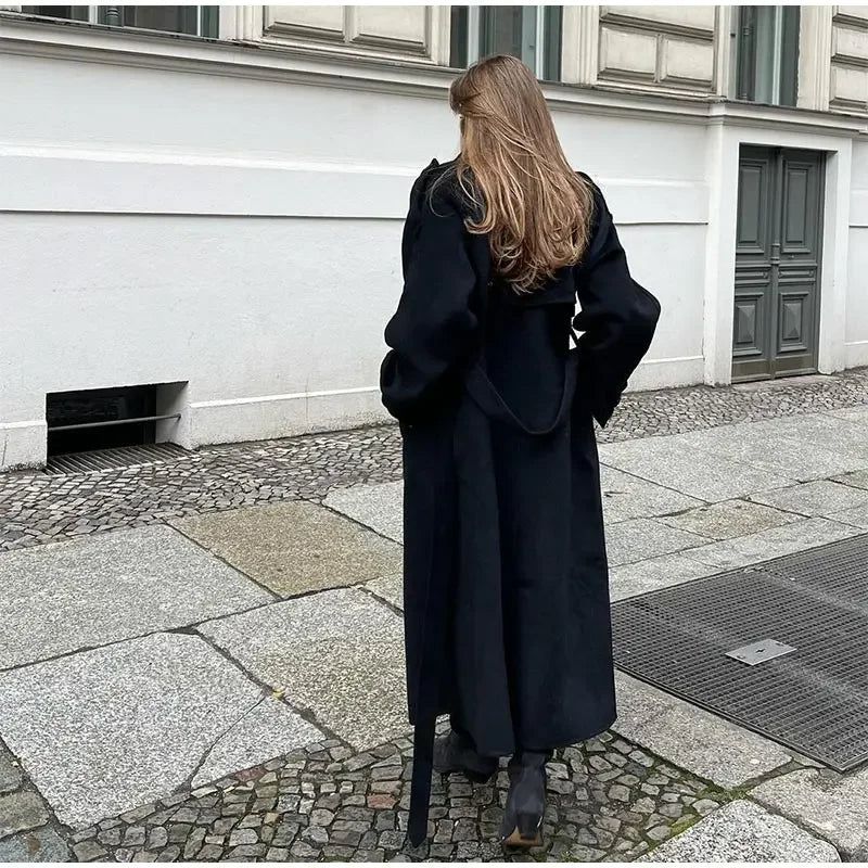 Sort Dame Trenchcoat Lang Klassisk Stilfuld Uldblanding Efterårsjakke Vinterjakke — Image 4