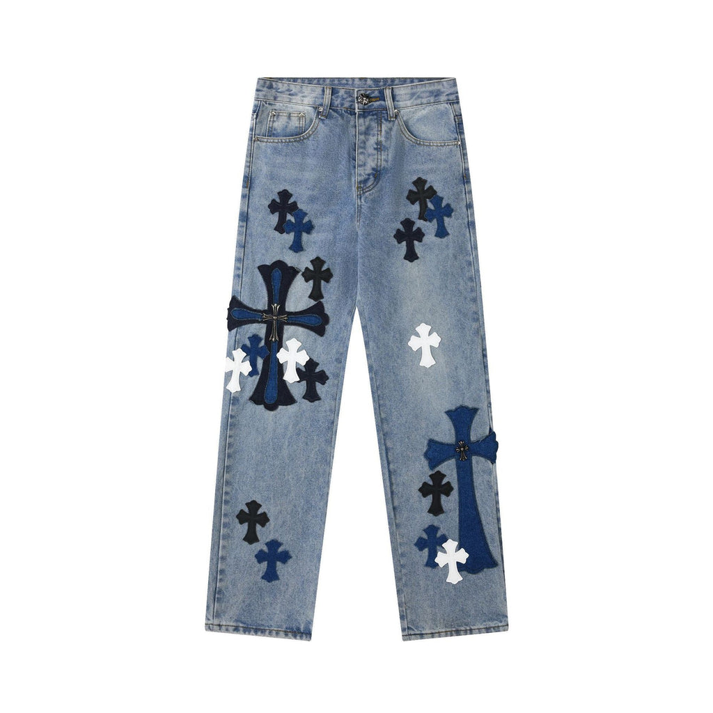 Unisex Denim Jeans med Krydsbroderi i Blå og Sort Bomuld — Image 22