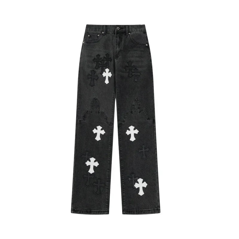 Stilfulde Herre Broderede Jeans Sort Denim Kryds Applikationer — Image 7