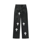 Stilfulde Herre Broderede Jeans Sort Denim Kryds Applikationer — Image 7
