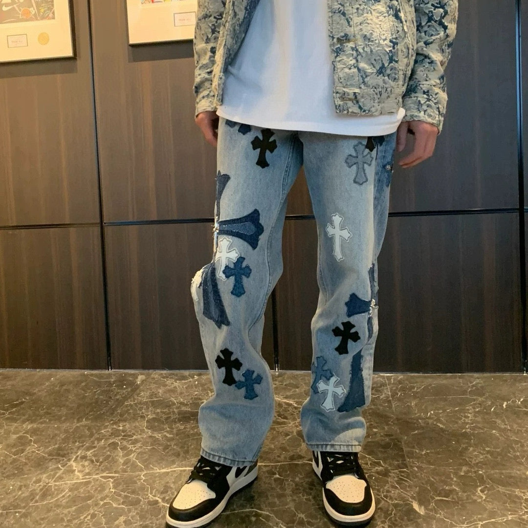 Unisex Denim Jeans med Krydsbroderi i Blå og Sort Bomuld — Image 8