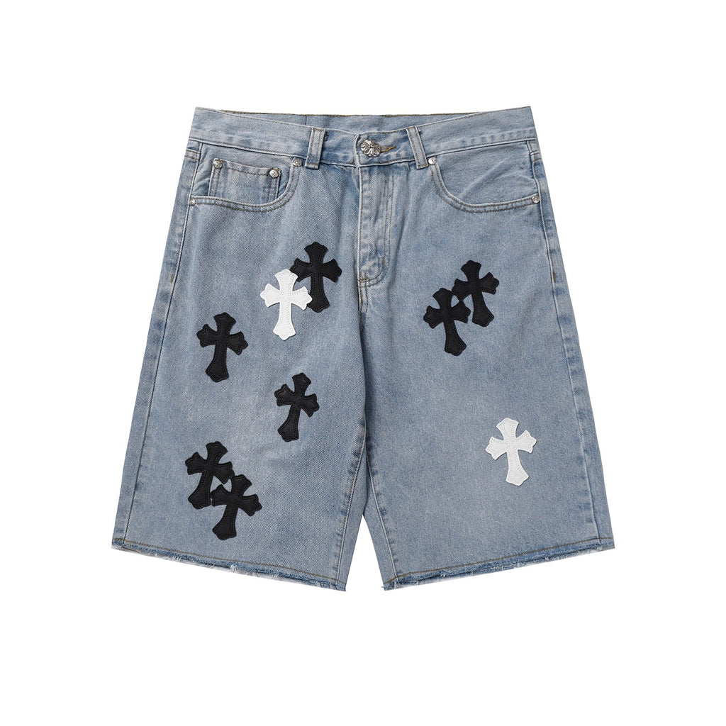 Chrome Hearts Herre Denim Shorts med Kryds Applikationer Blå Bomuld — Main Image