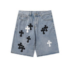 Chrome Hearts Herre Denim Shorts med Kryds Applikationer Blå Bomuld — Main Image