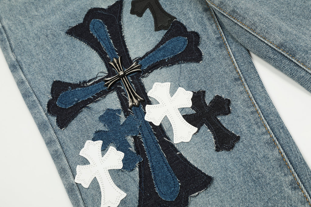 Unisex Denim Jeans med Krydsbroderi i Blå og Sort Bomuld — Image 27