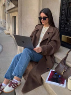 Brun Trenchcoat til Kvinder - Klassisk Dobbeltradet Uldblanding Frakke med Bælte — Image 4