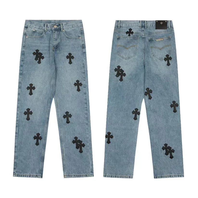 Chrome Hearts Herre Denim Jeans Blå Kryds Applikationer Bomuld — Main Image